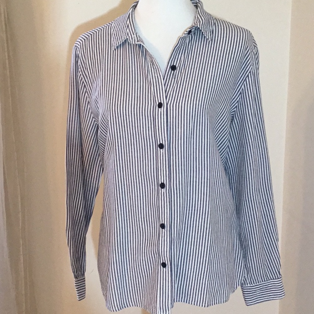 Sam &Lavi long sleeve blouse,blue/white stripe,collar, button front,Ushape hem,M - Picture 1 of 6